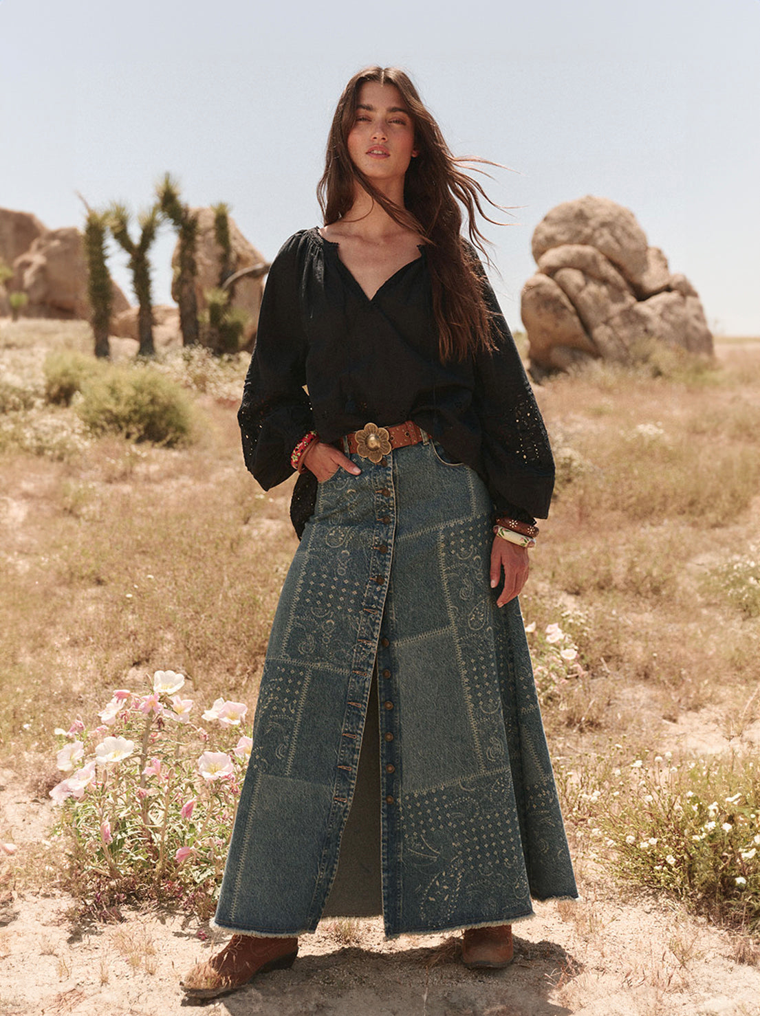 Spell - Road Trip Denim Maxi Skirt - Bandana