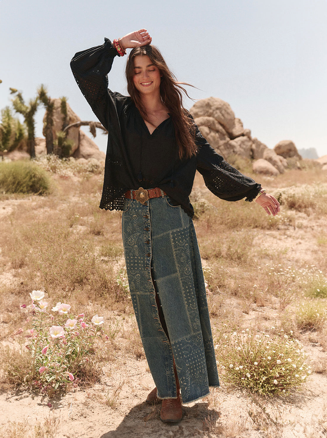 Spell - Road Trip Denim Maxi Skirt - Bandana