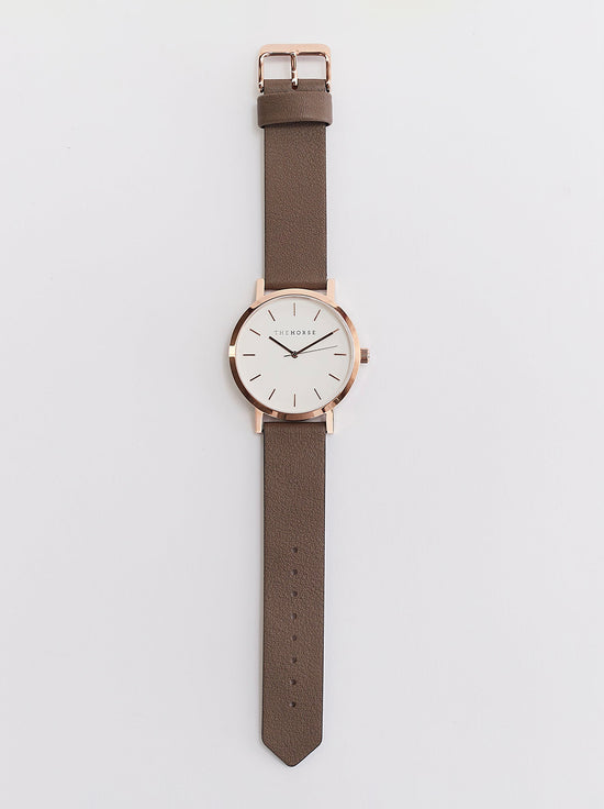 The Horse - The Original Watch - Polished Rose Gold / White Face / Taupe Leather