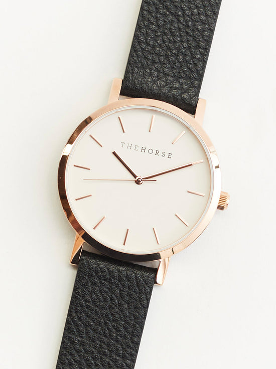 The Horse - The Mini Original Watch - Rose Gold / White Dial / Black Leather