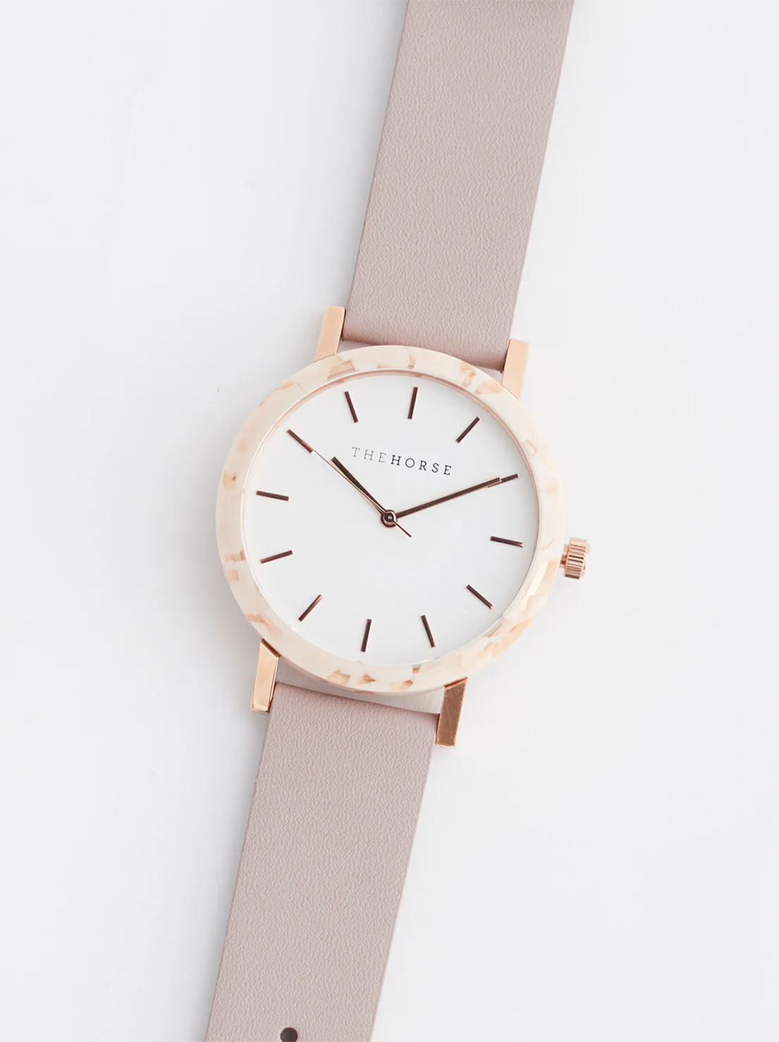 The Horse - The Resin Watch - Peach Speckle / White Dial / Rose Gold Index / Blush Leather Strap