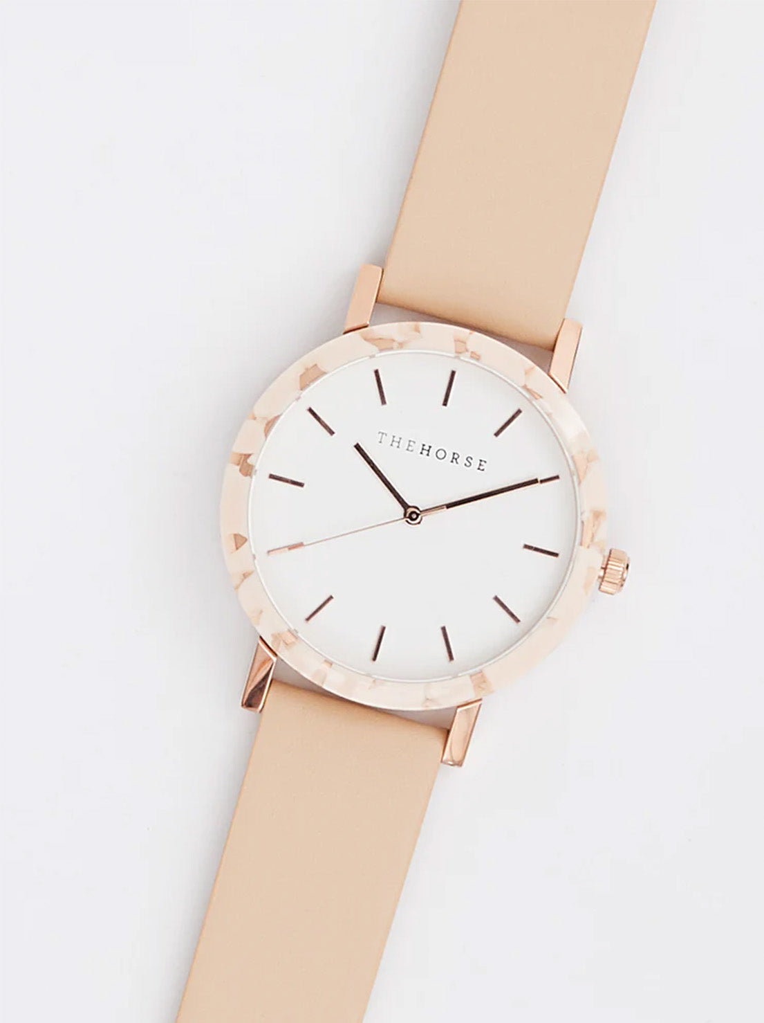 The Horse - The Resin Watch - Peach Speckle / White Dial / Rose Gold Indexing / Vegetable Tan Leather Strap