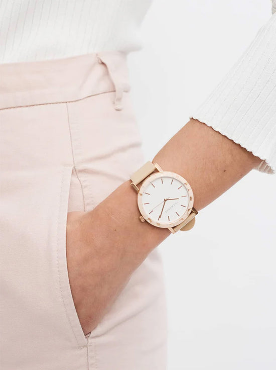 The Horse - The Resin Watch - Peach Speckle / White Dial / Rose Gold Indexing / Vegetable Tan Leather Strap