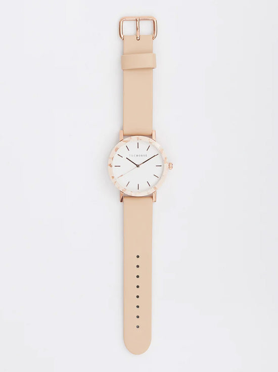The Horse - The Resin Watch - Peach Speckle / White Dial / Rose Gold Indexing / Vegetable Tan Leather Strap