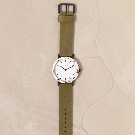 The Horse - The Resin Watch In Nougat Shell / White Dial / Olive Leather Strap