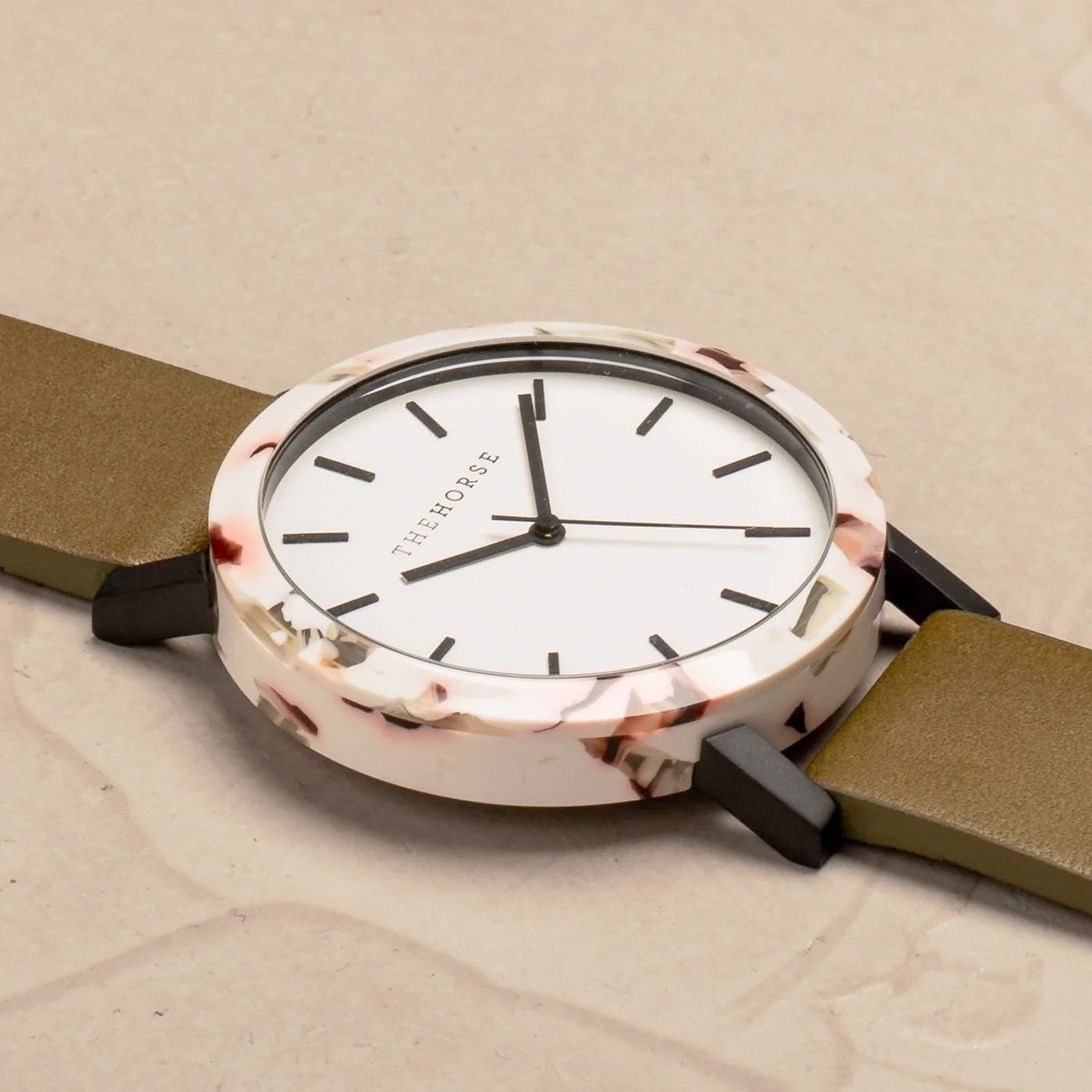 The Horse - The Resin Watch In Nougat Shell / White Dial / Olive Leather Strap