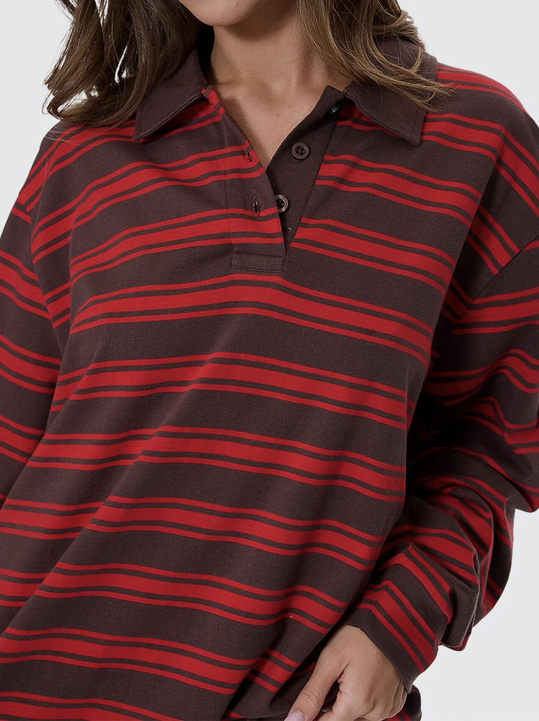 Thrills - Conditions Apply Stripe Long Sleeve Polo - Bitter Chocolate