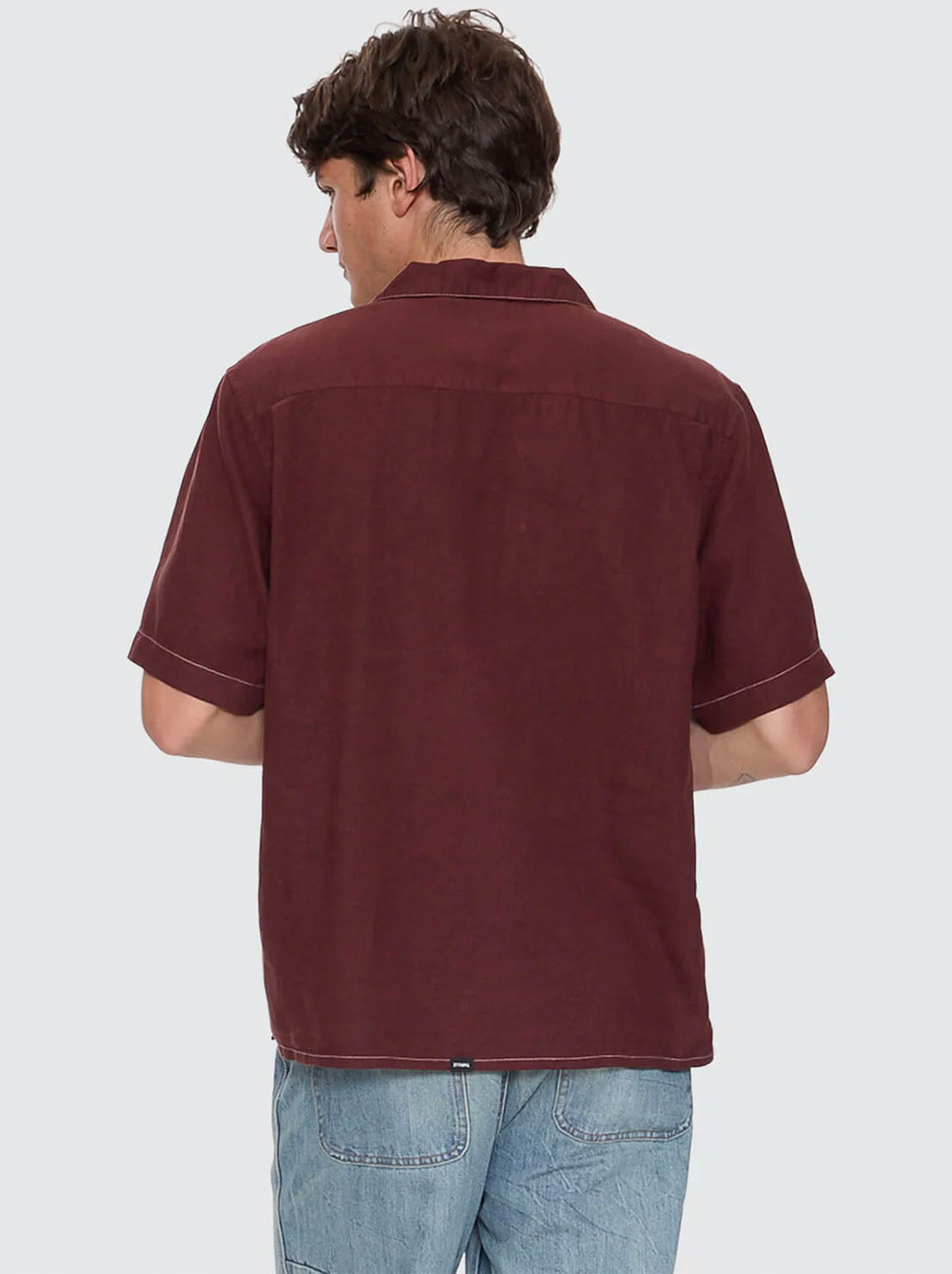 Thrills - Hemp Minimal Contrast Stitch Cropped Bowling Shirt - Bitter Chocolate