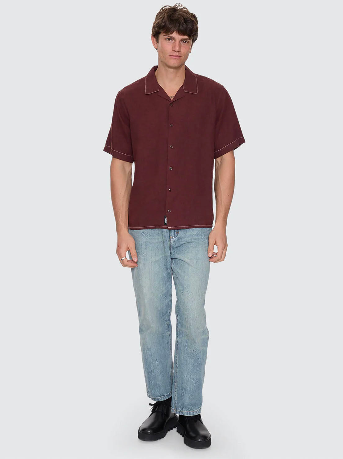 Thrills - Hemp Minimal Contrast Stitch Cropped Bowling Shirt - Bitter Chocolate