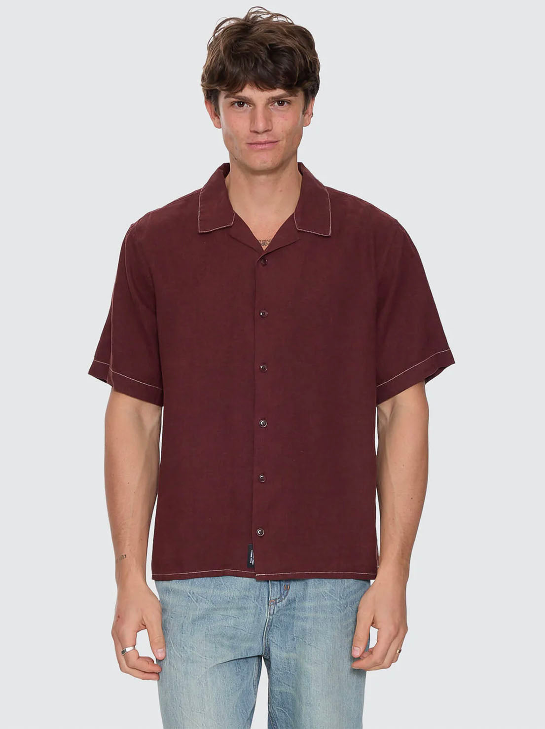 Thrills - Hemp Minimal Contrast Stitch Cropped Bowling Shirt - Bitter Chocolate