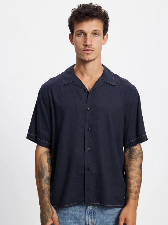 Thrills - Hemp Minimal Contrast Stitch Cropped Bowling Shirt - Ebony