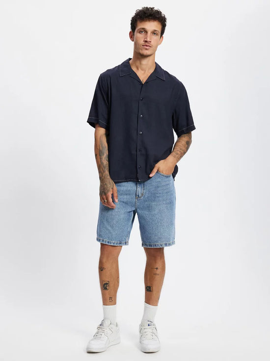 Thrills - Hemp Minimal Contrast Stitch Cropped Bowling Shirt - Ebony