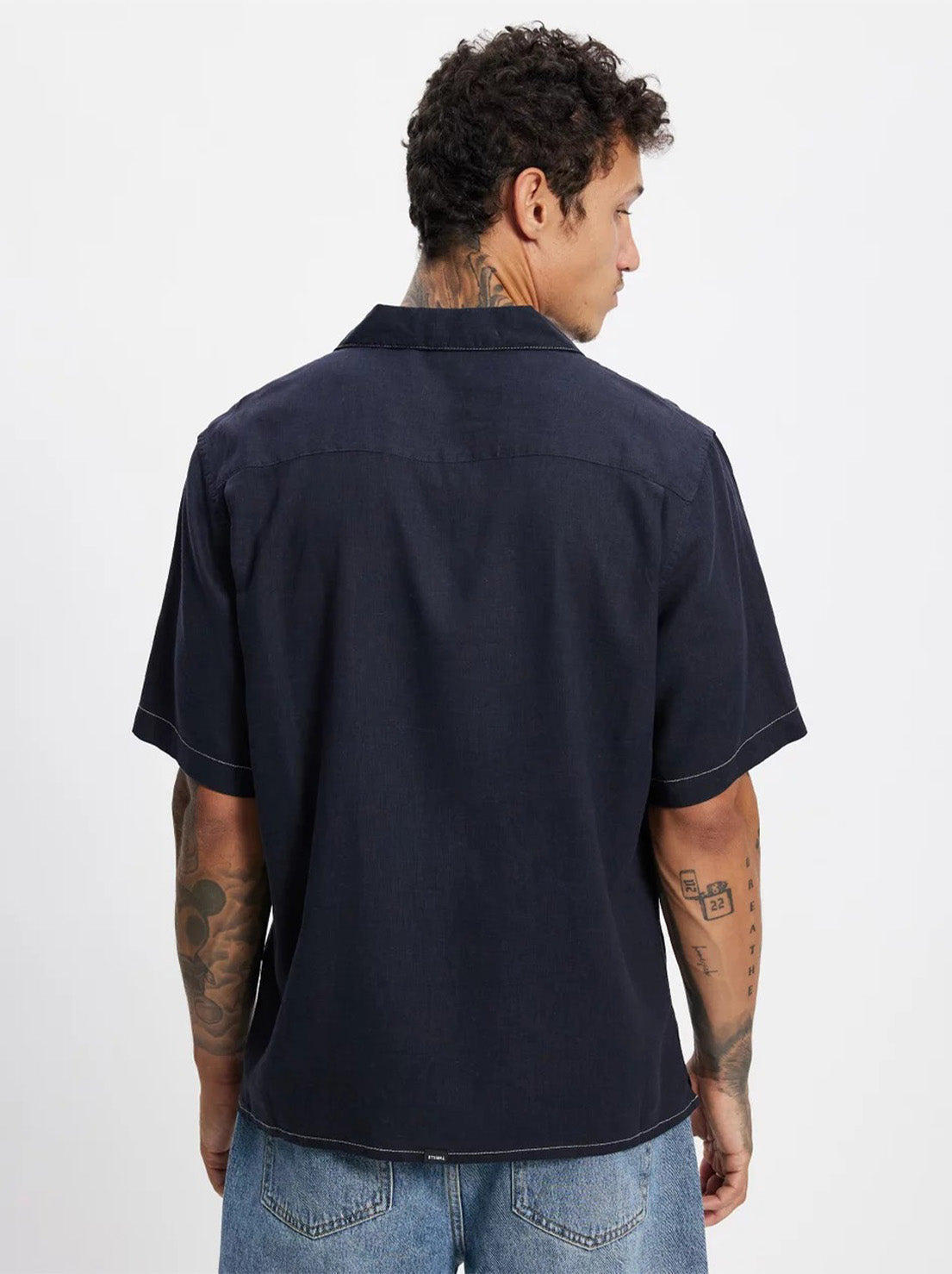 Thrills - Hemp Minimal Contrast Stitch Cropped Bowling Shirt - Ebony