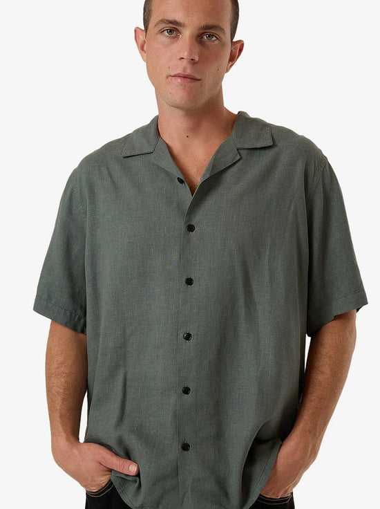 Thrills - Minimal Hemp Contrast Stitch Bowling Shirt - Forest Green