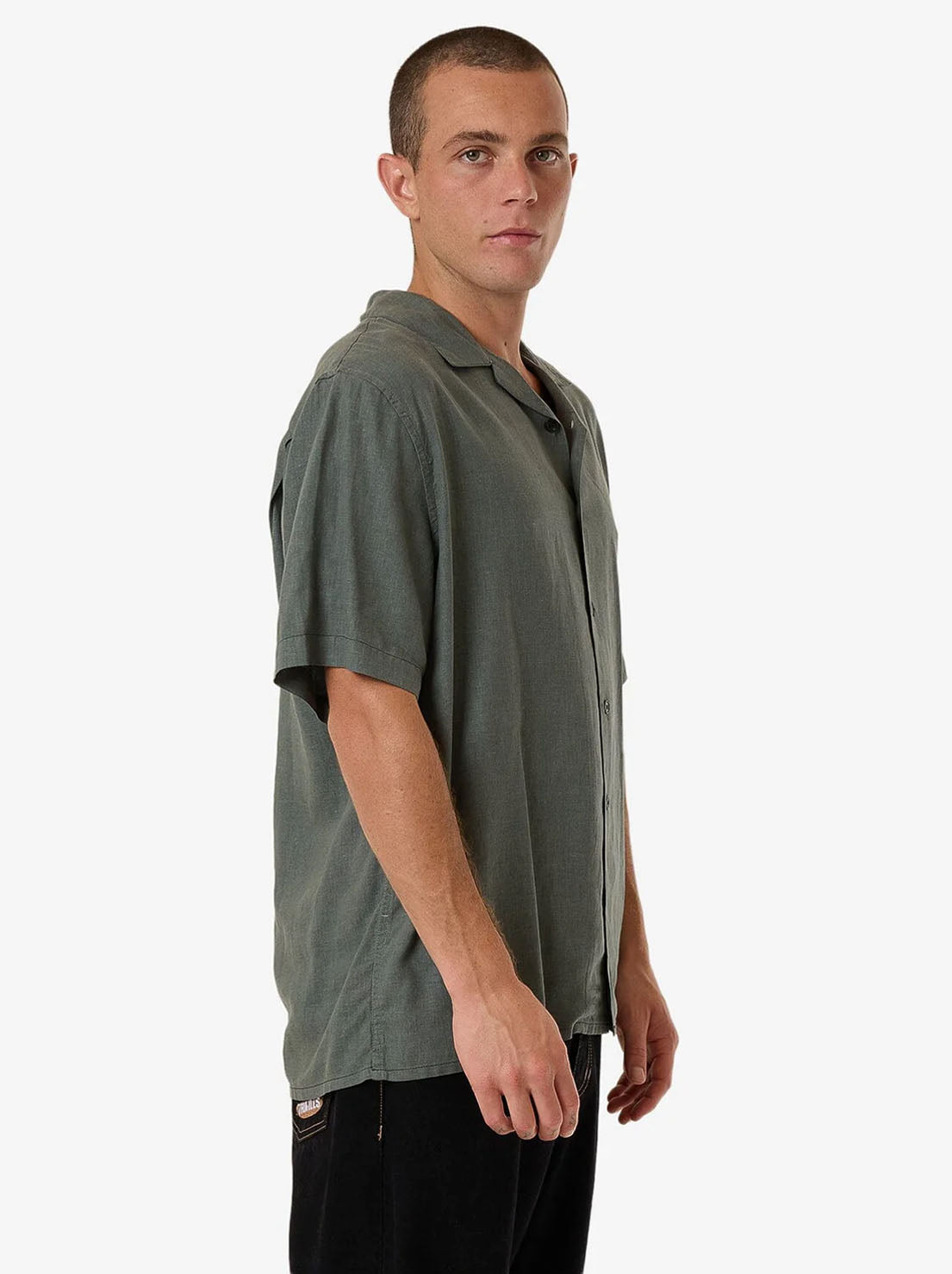 Thrills - Minimal Hemp Contrast Stitch Bowling Shirt - Forest Green