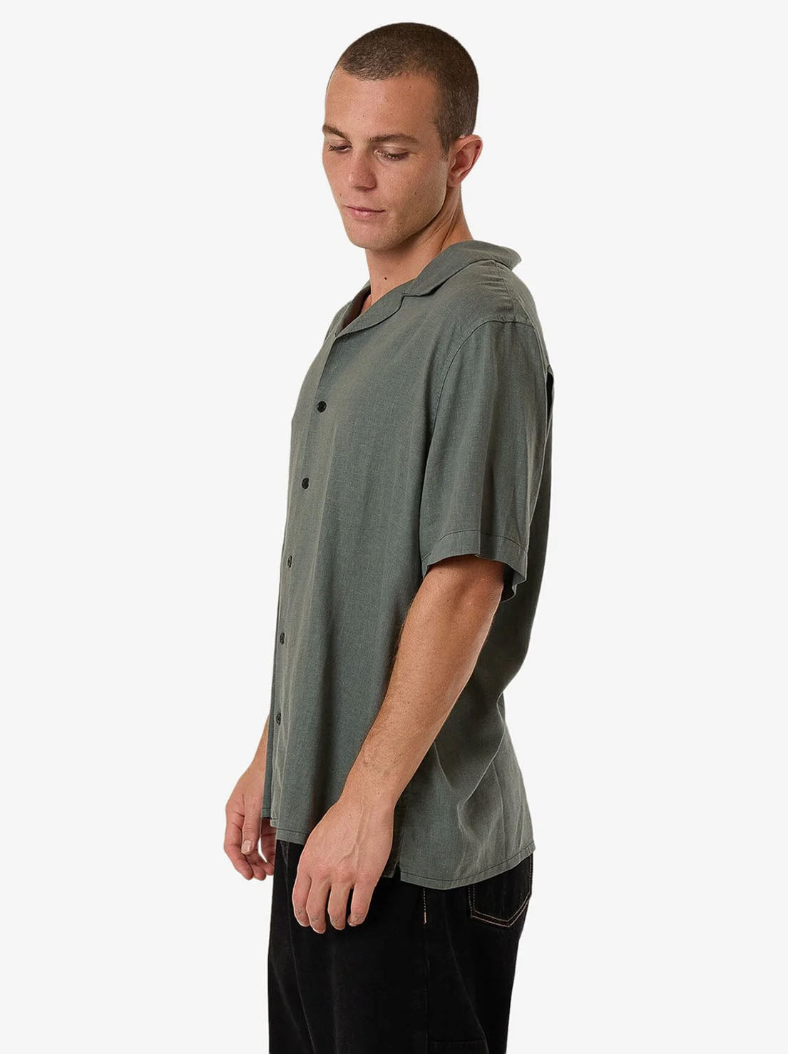 Thrills - Minimal Hemp Contrast Stitch Bowling Shirt - Forest Green