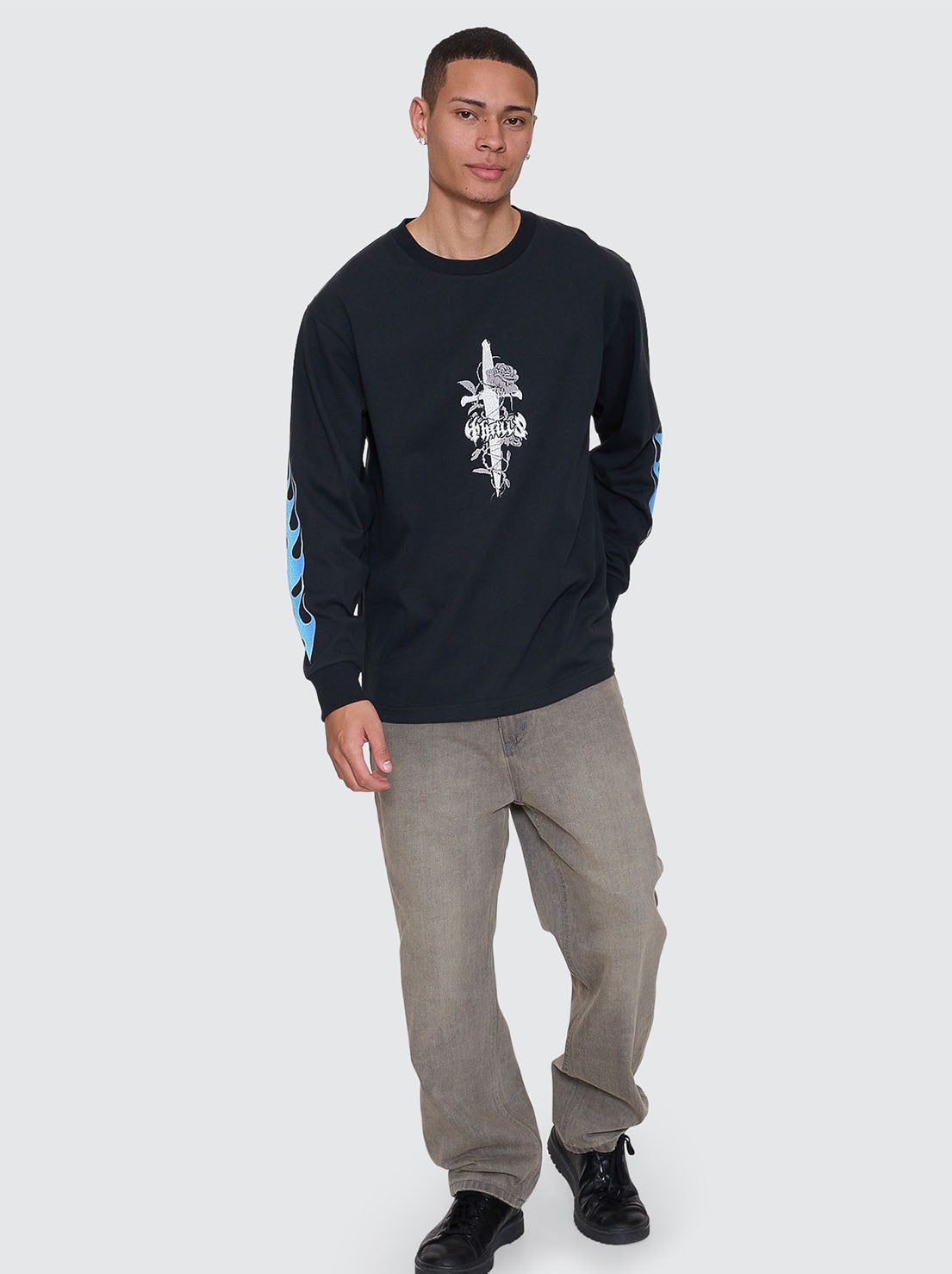 Thrills - Night Petal Oversize Long Sleeve Tee - Washed Black