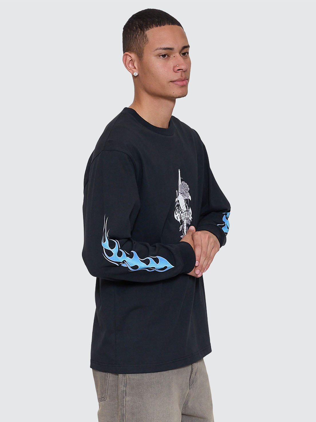Thrills - Night Petal Oversize Long Sleeve Tee - Washed Black
