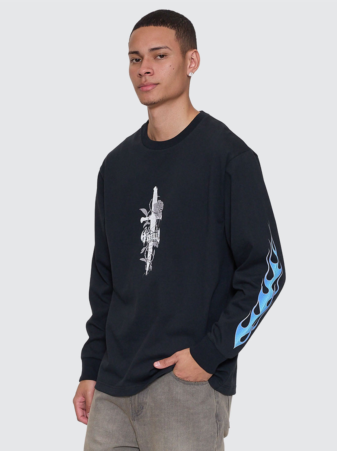 Thrills - Night Petal Oversize Long Sleeve Tee - Washed Black