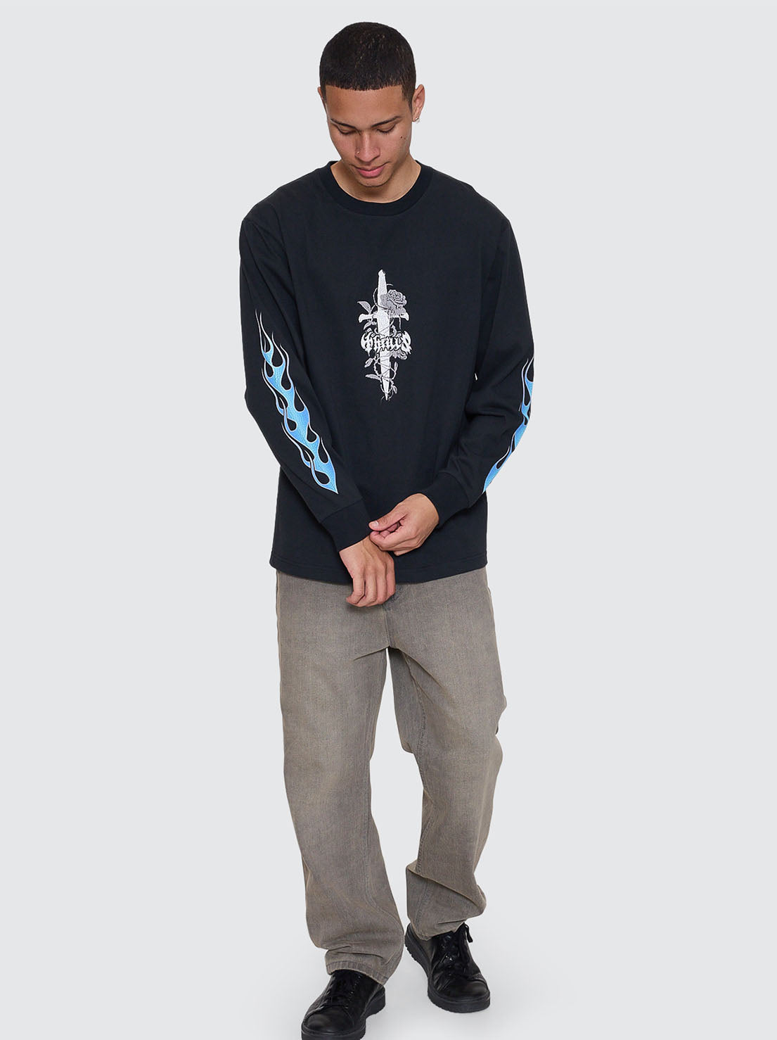 Thrills - Night Petal Oversize Long Sleeve Tee - Washed Black