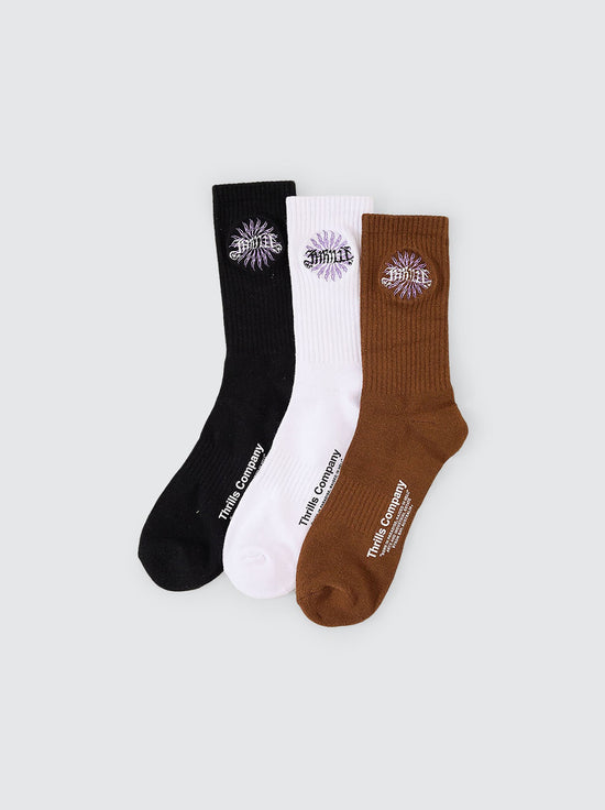 Thrills - Peace Power 3 Pack Socks - White / Black / Downtown Brown