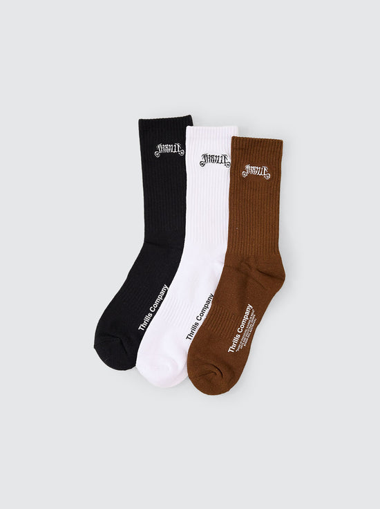 Thrills - Peace Power 3 Pack Socks - White / Black / Downtown Brown