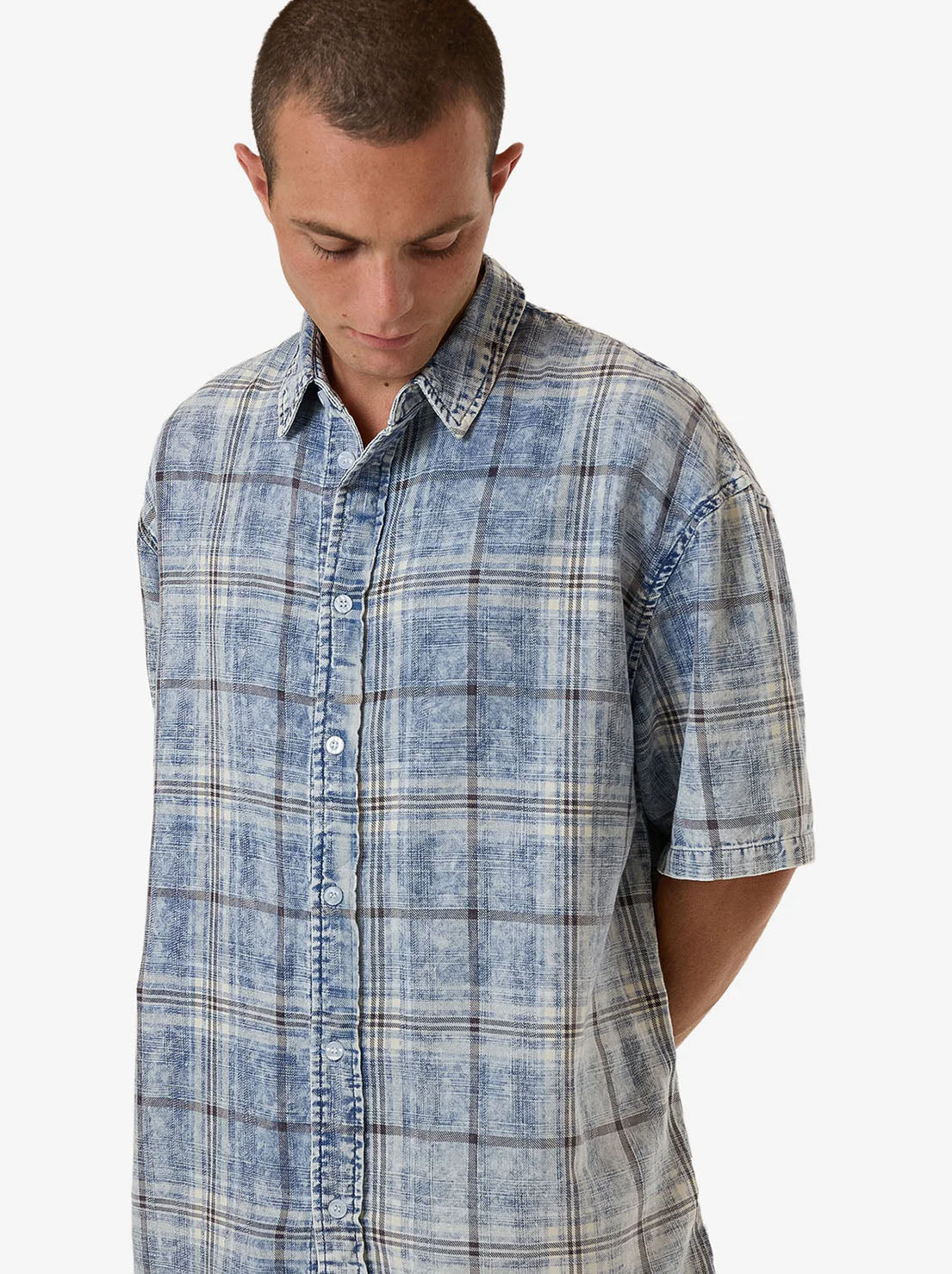 Thrills - Society Oversize Short Sleeve Check Denim Shirt - Beach Blue