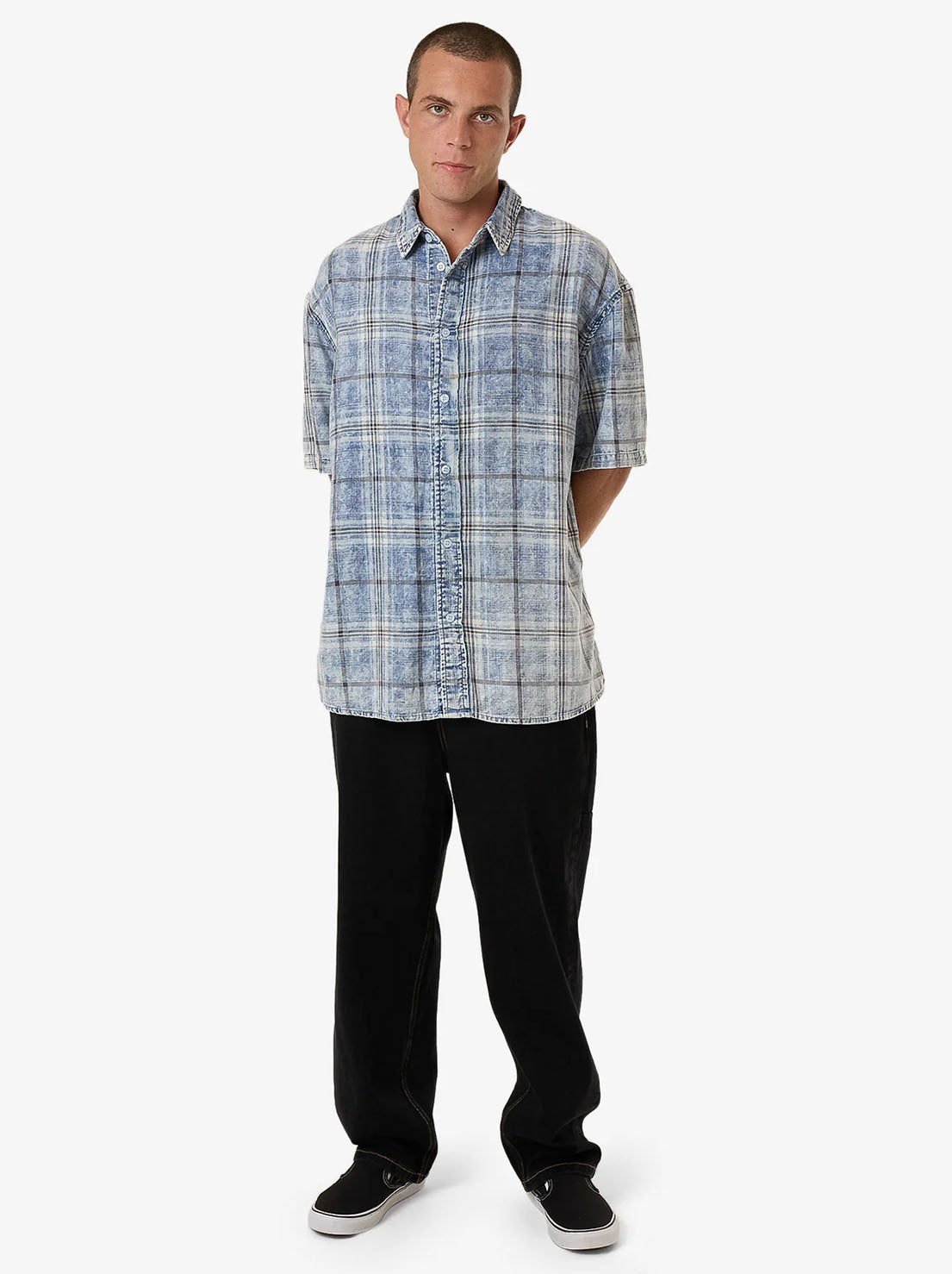 Thrills - Society Oversize Short Sleeve Check Denim Shirt - Beach Blue