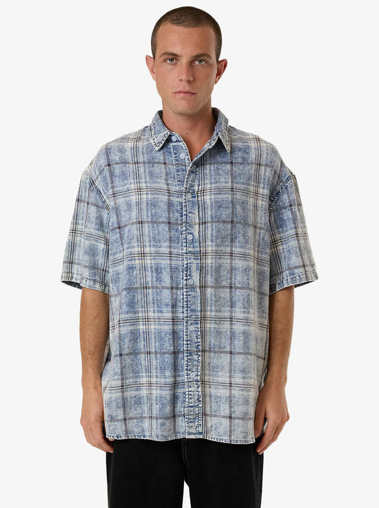 Thrills - Society Oversize Short Sleeve Check Denim Shirt - Beach Blue