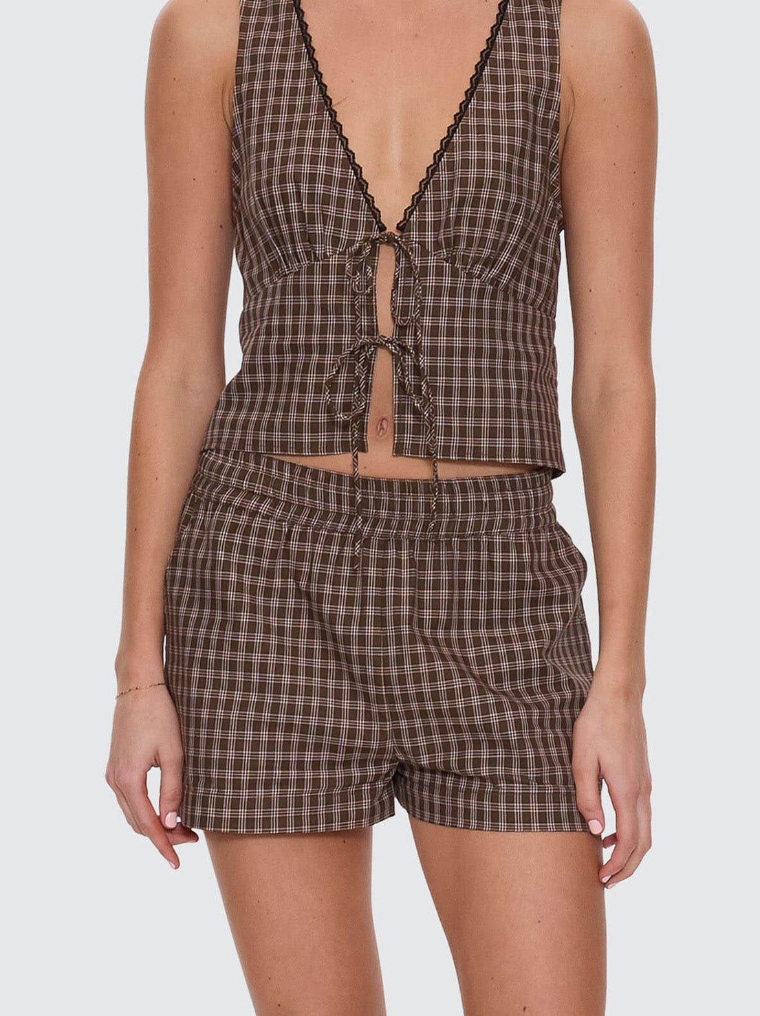 Thrills - State Of Mind Check Top - Postal Brown