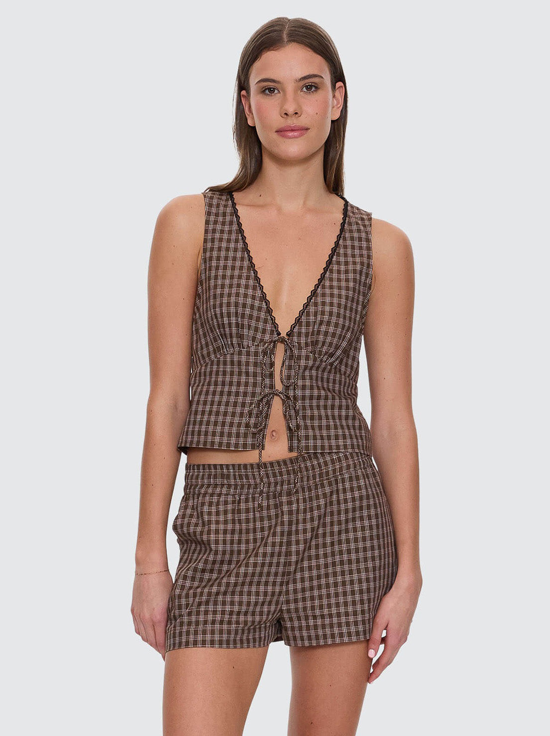 Thrills - State Of Mind Check Top - Postal Brown