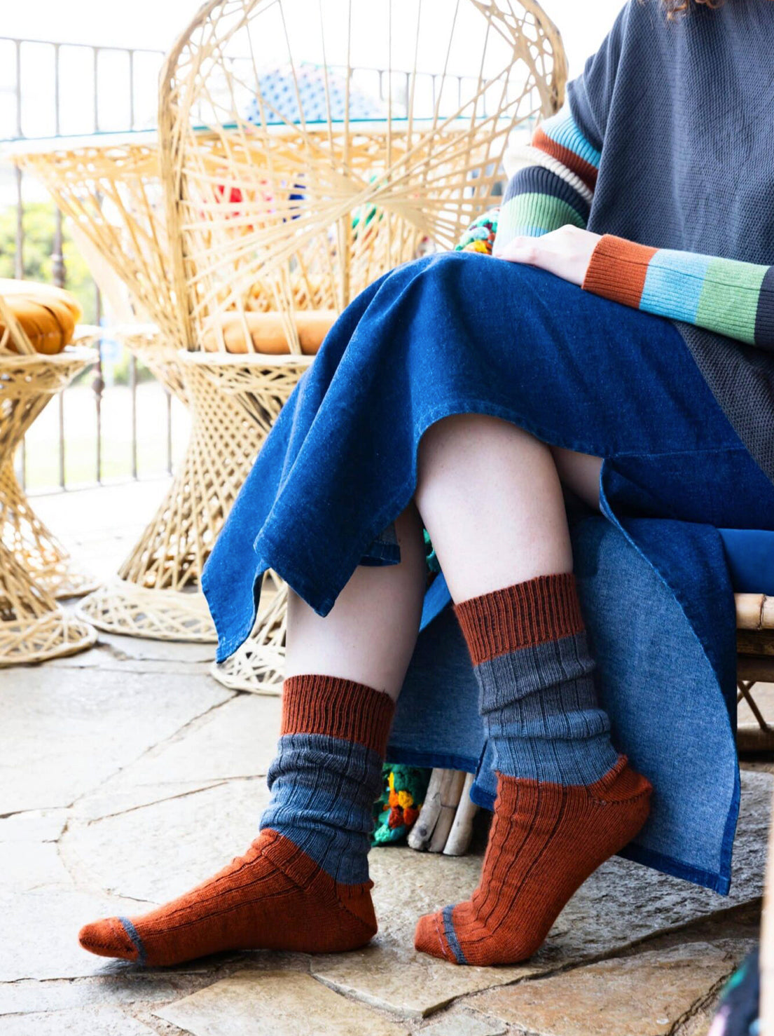 Tightology - Chunky Rib Merino Wool Socks - Rust Stripe