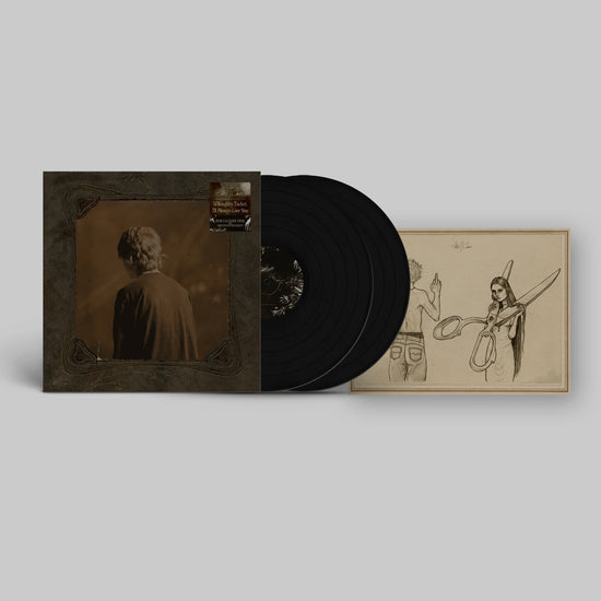 Vinyl record with cover featuring artistic illustrations on a gray background