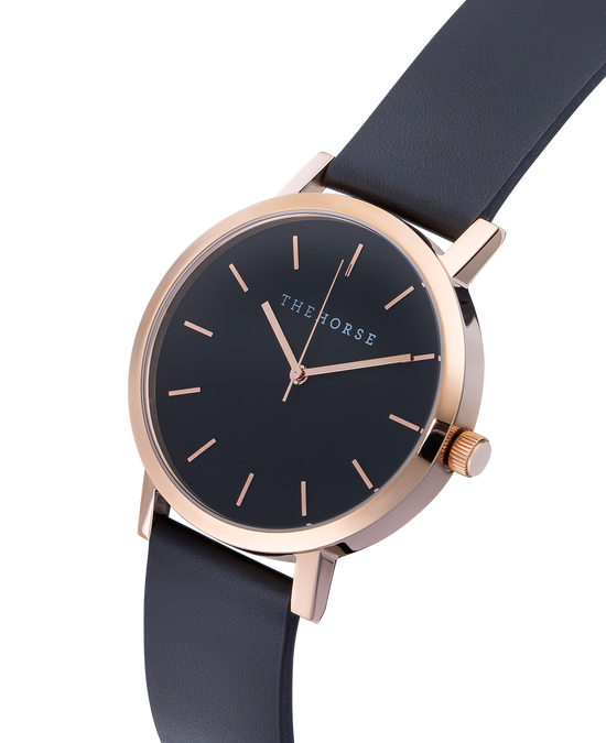 The Horse - The Original Watch - Polished Rose Gold / Black Dial / Black Leather