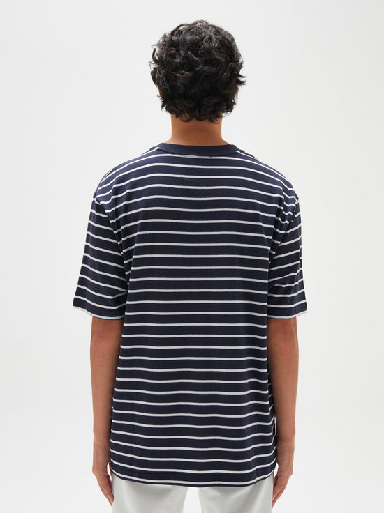 Load image into Gallery viewer, Assembly - Mens Organic Oversized Tee - True Navy Stripe
