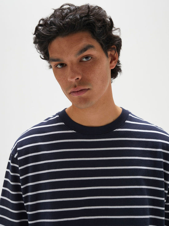 Load image into Gallery viewer, Assembly - Mens Organic Oversized Tee - True Navy Stripe
