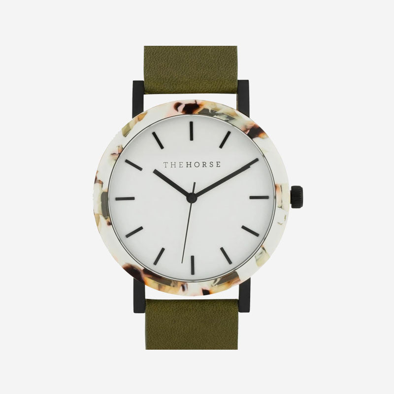 The Horse - The Resin Watch In Nougat Shell / White Dial / Olive Leather Strap